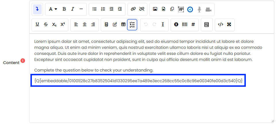 Moodle - Embed Question - Text Editor Code